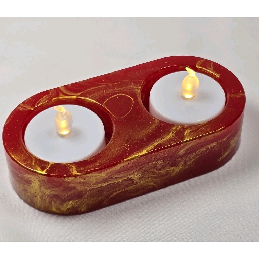 Handmade Resin Tealight Candle Holder Red Gold Marble Swirl Home Decor Sparkle